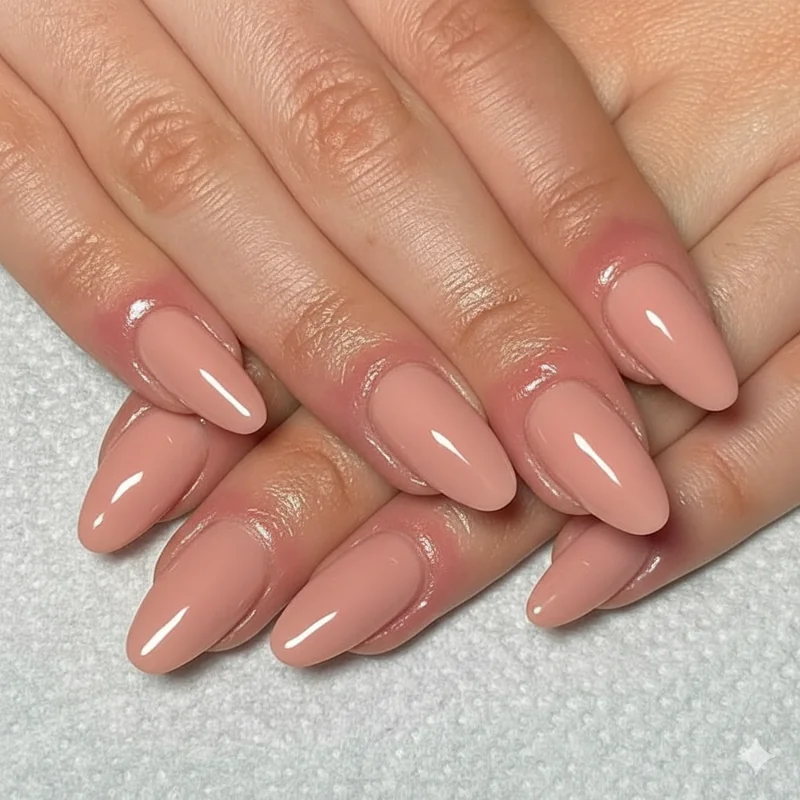 Finance banking nail standards showing short squoval nails in nude pink shade appropriate for investment banking client presentations and front office roles