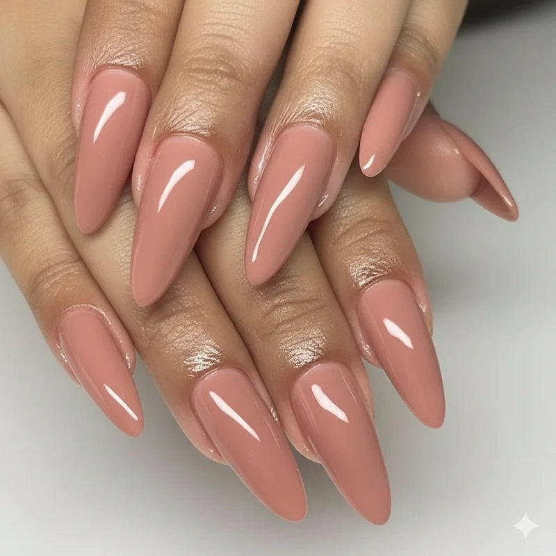 Confident professional woman with interview nails showing squoval nude manicure representing successful job interview preparation and first impression strategy