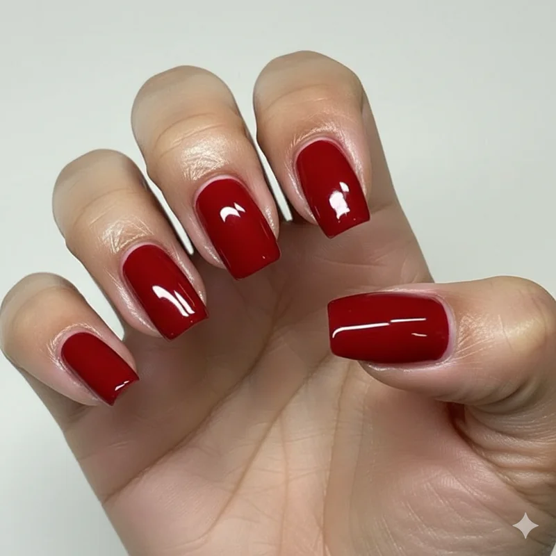 Red bold dark nail colours versus soft nude pink comparison for job interview colour decision showing professional appropriateness by industry context