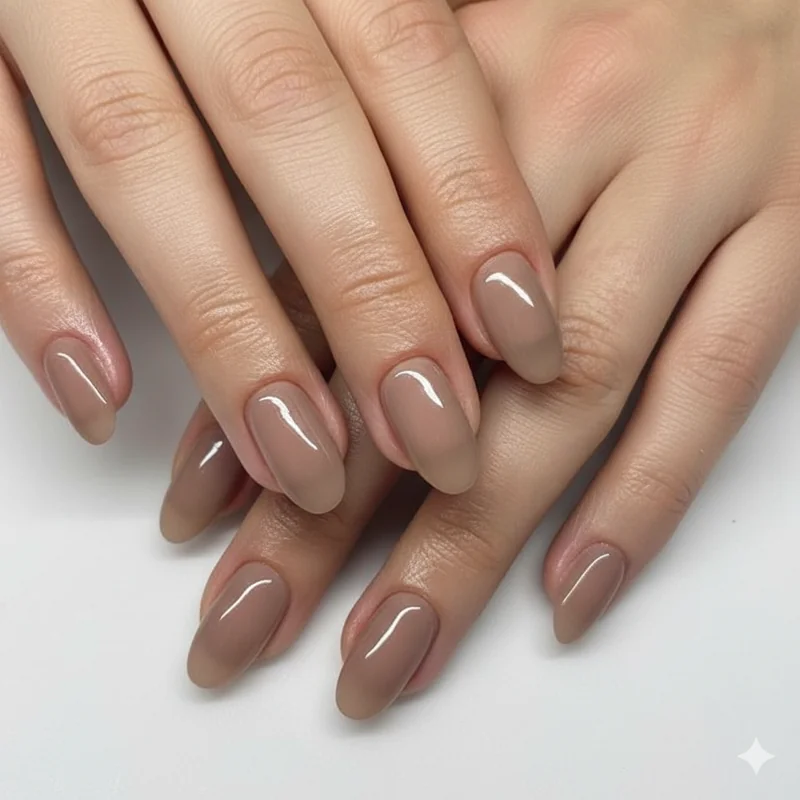 Low maintenance neutral gel nails showing regrowth friendly sheer milky taupe finish that stays polished for four weeks of office wear
