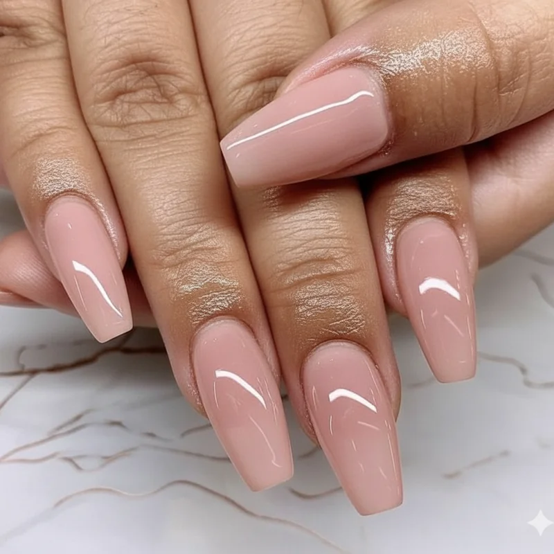Nude pink ballet blush office nails with milky undertone showing your nails but better effect and polished professional result on light skin