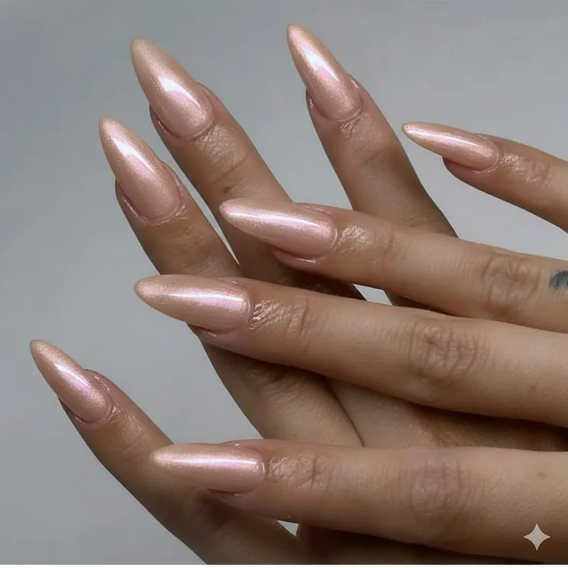 Pearl glass chrome nude nails showing office appropriate pearlescent elevated finish with subtle shimmer over sheer milky base for professional wear