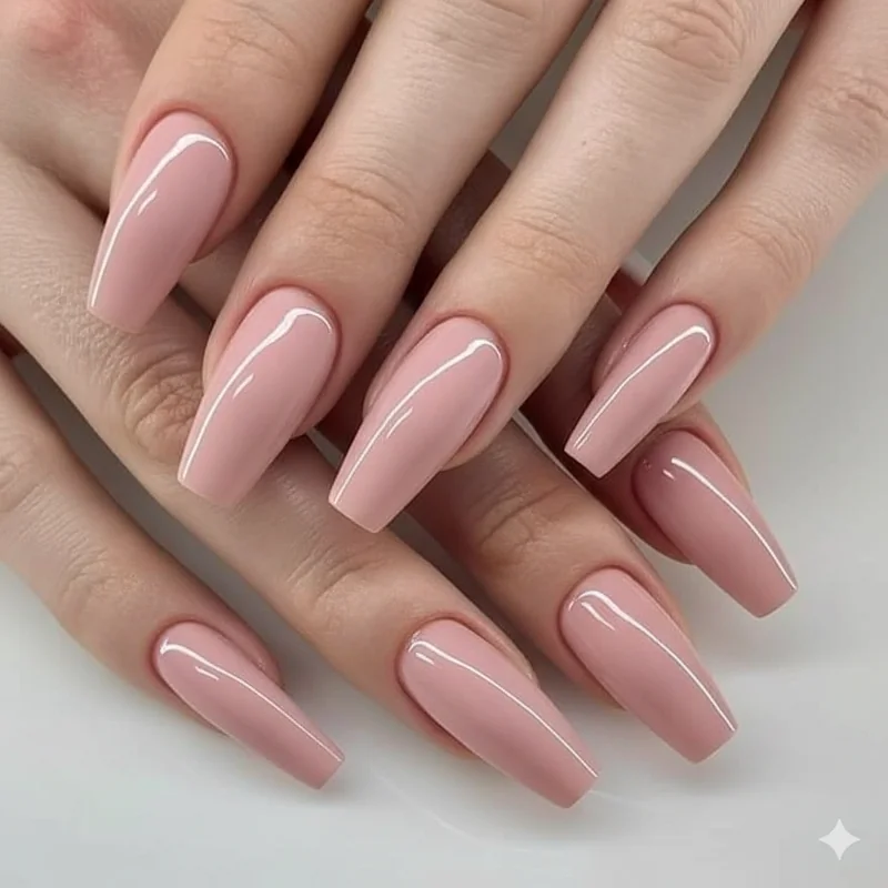 Neutral nude and milky nail colour swatches showing universally safe work nail shades from blush pink to warm taupe daily