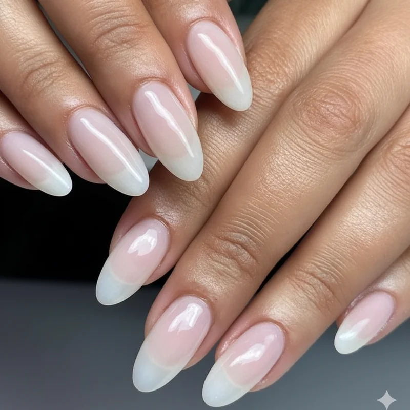 Interview to first day nail transition showing sheer overlay and milky finish options that bridge the gap between formal and settled-in workplace nails