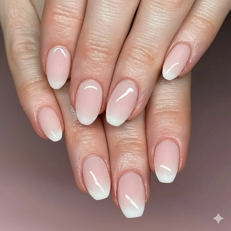 Baby boomer gradient nail showing soft pink to white fade on squoval shape for office-appropriate professional manicure 2026