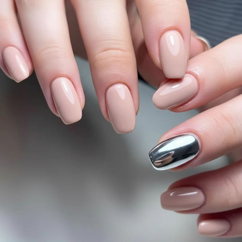 Chrome accent single nail on neutral hand showing creative office-appropriate professional design for tech and marketing 2026