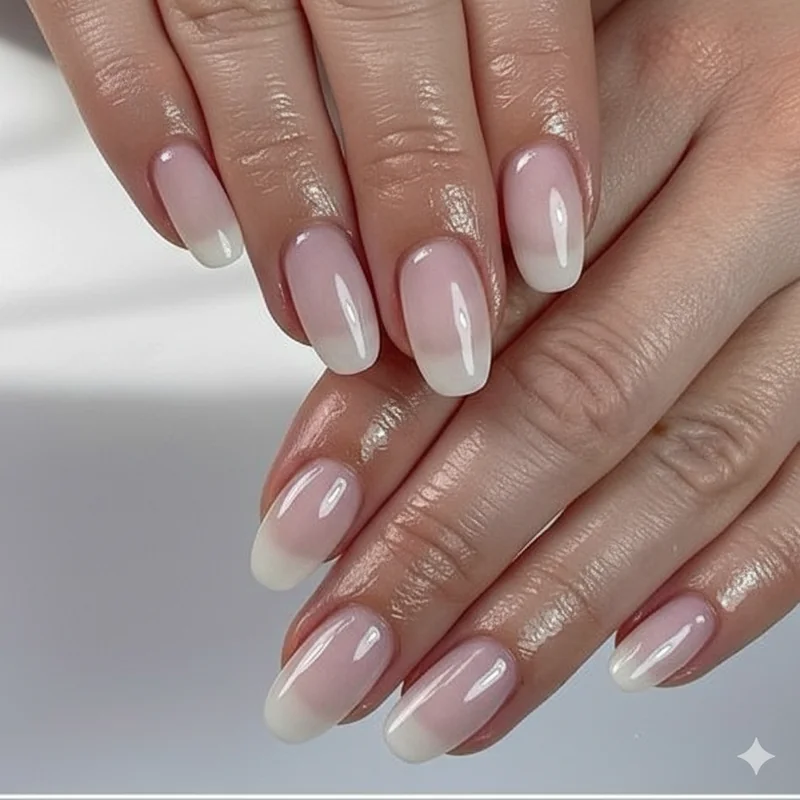 Milky glazed soap nail finish on squoval shape showing translucent pearl-tinted professional office manicure trend for 2026