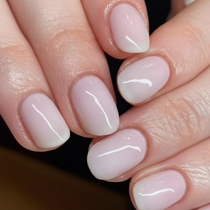 Milky nail finish on hands at desk showing camera-ready professional manicure for video call office and daily use in 2026