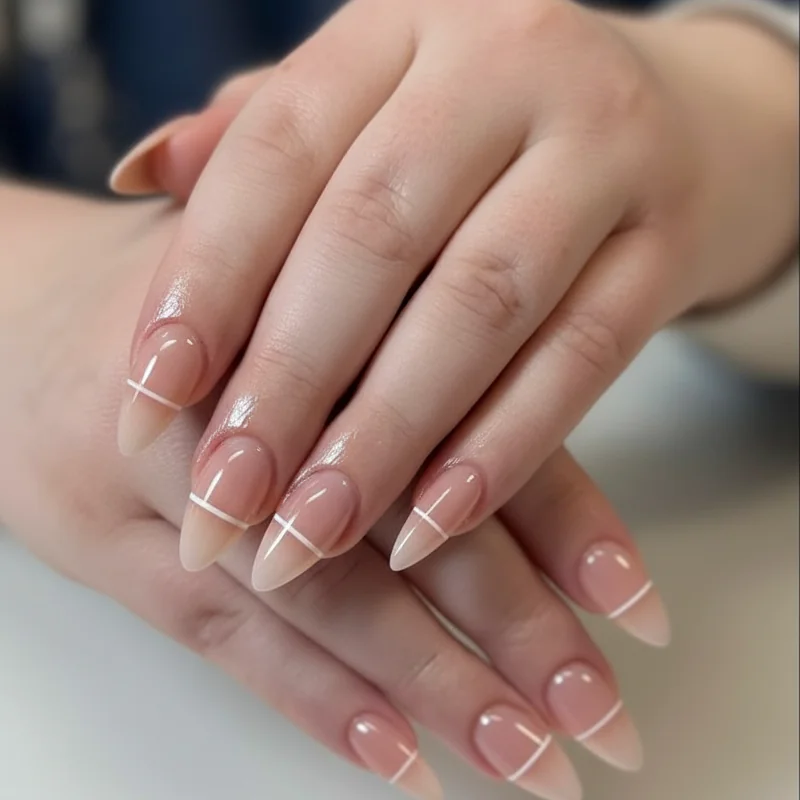 Negative space nail design single thin line on neutral base showing subtle office appropriate art for conservative offices