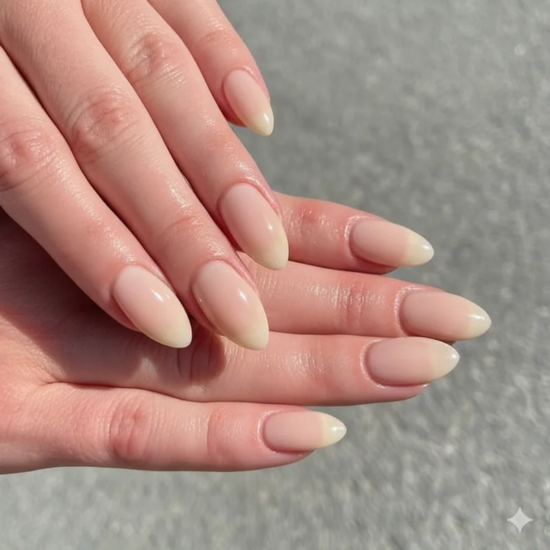Sheer almond cream latte beige and porcelain pink milky nail shades for office-appropriate professional manicure ideas 2026