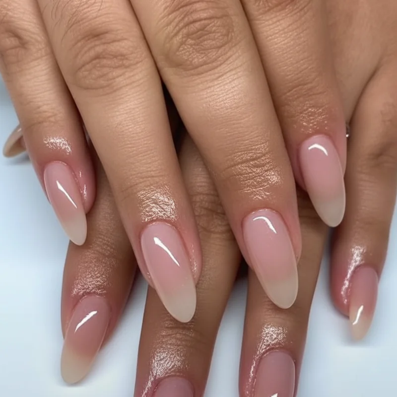 Natural nail versus gel extension at identical 4mm length showing visual weight difference in professional work setting light neutral polish