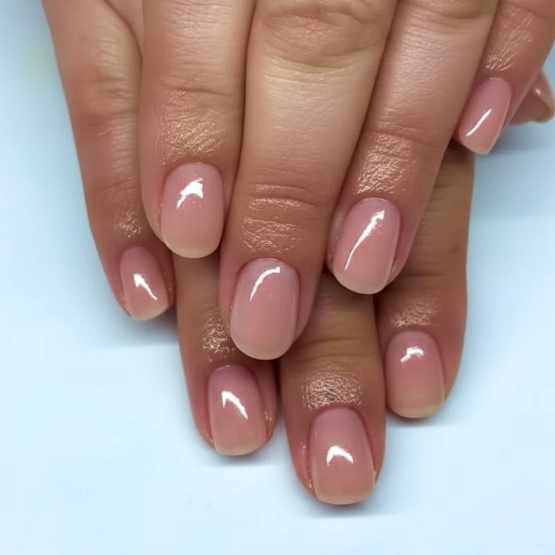 Short nails for healthcare workers and teachers showing nude gel squoval and round shapes appropriate for clinical and classroom settings