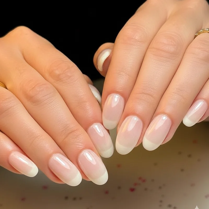 Short nails for work on a professional womans hands showing a glazed squoval finish that signals confidence in office settings 2026