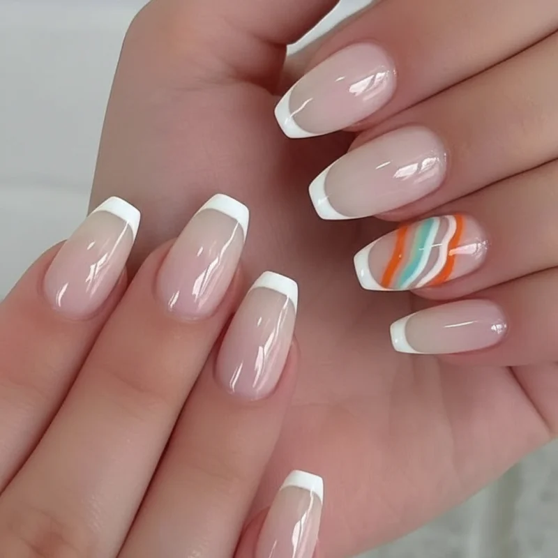 Presentation day milky base micro French tip nail compared with regular desk day subtle nail art showing occasion specific calibration for professional settings