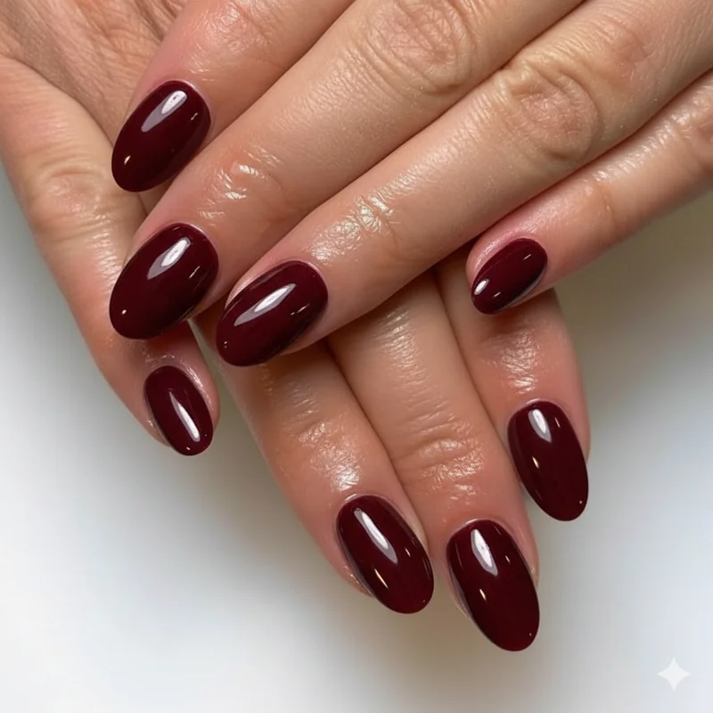 Dark red burgundy and oxblood nail polish shades in creme finish shown as professional office appropriate options for conservative and business casual workplaces