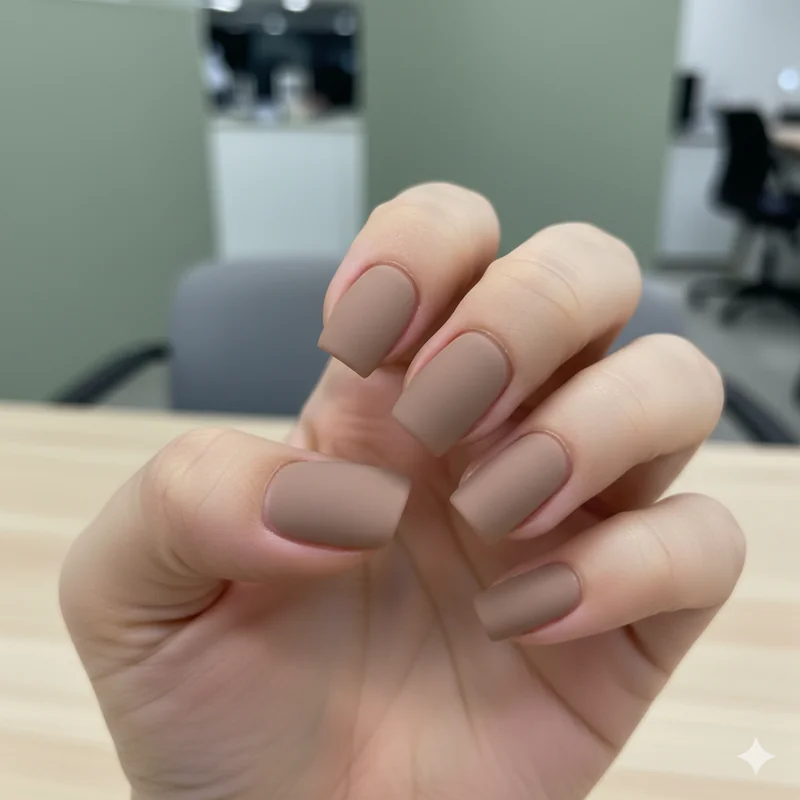Side by side comparison of matte and glossy nail finish on taupe and nude shades showing both as professional office appropriate options for work manicures in 2026