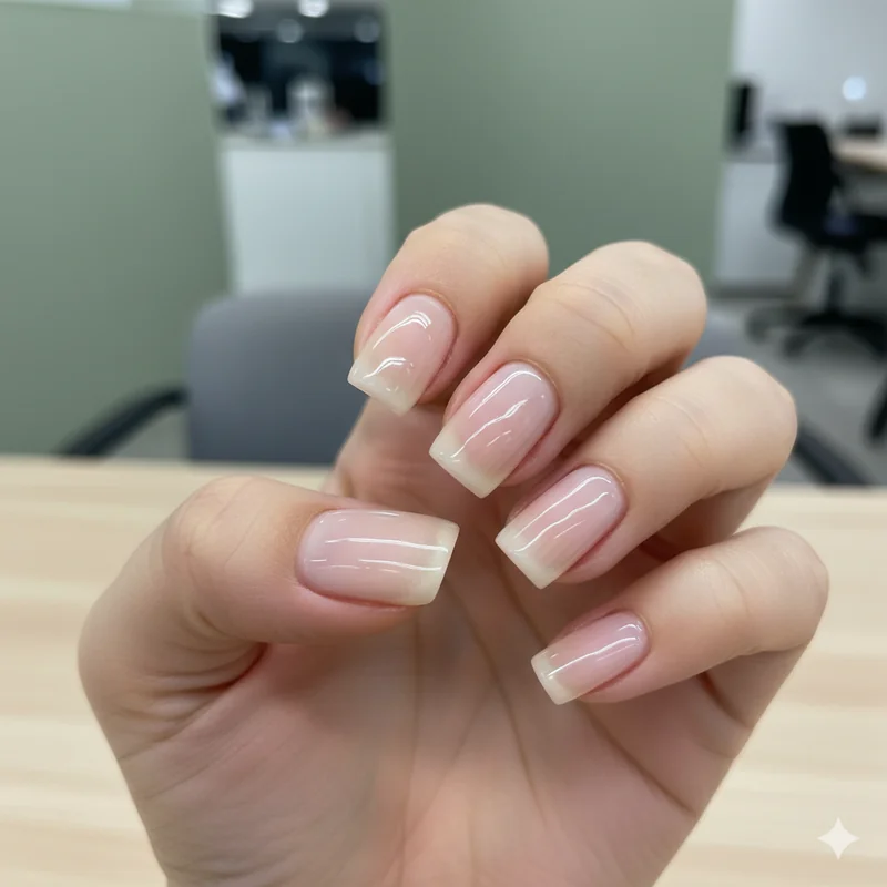 Close up of well maintained milky sheer nude nail manicure on professional womans hand showing glossy creme finish appropriate for all office environments
