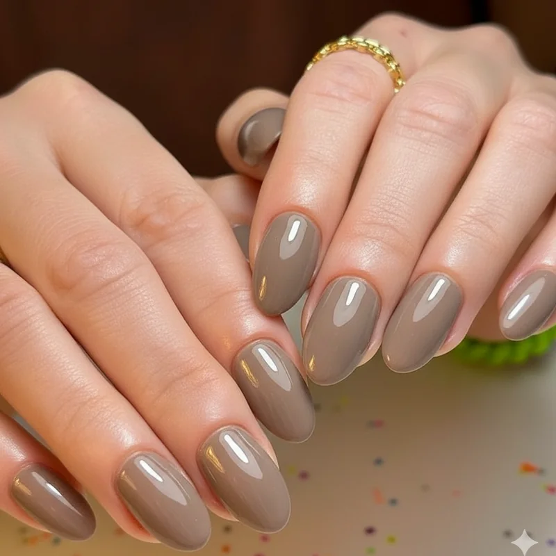 Mocha brown taupe greige and soft grey nail polish swatches shown as 2026 professional neutral shades for office appropriate manicures in business and corporate settings