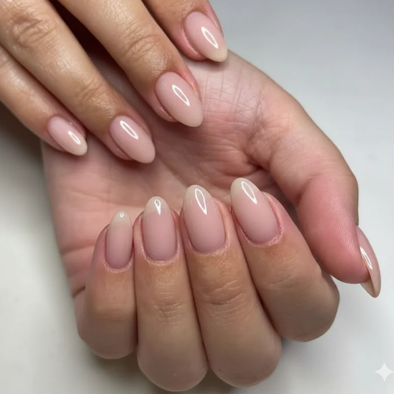Nude sheer and milky nail polish swatches arranged as office safe professional colour palette showing beige taupe and soft pink shades for work 2026