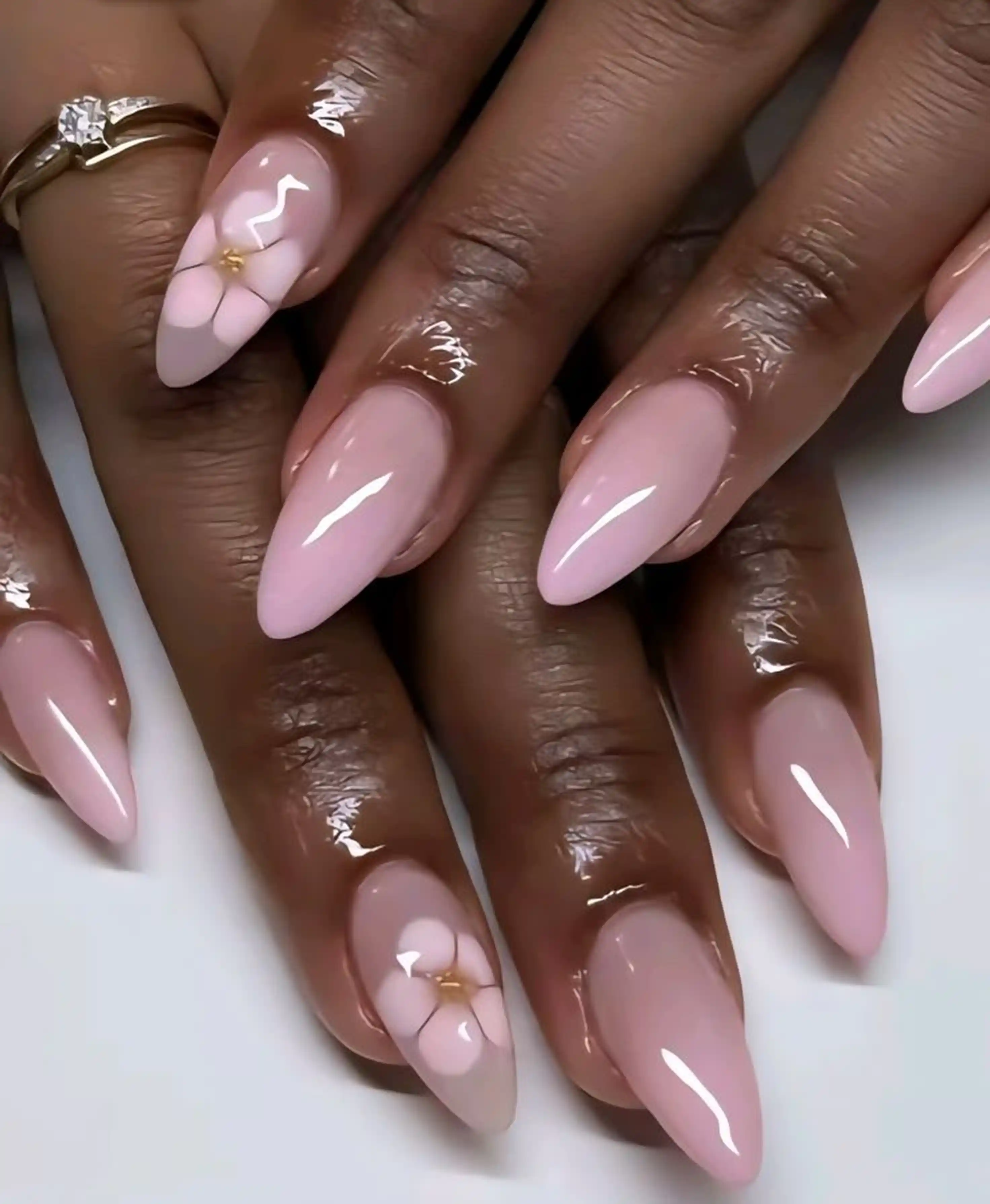 Blush pink almond glossy nails romantic feminine creating sweet everyday style manicure for delicate look