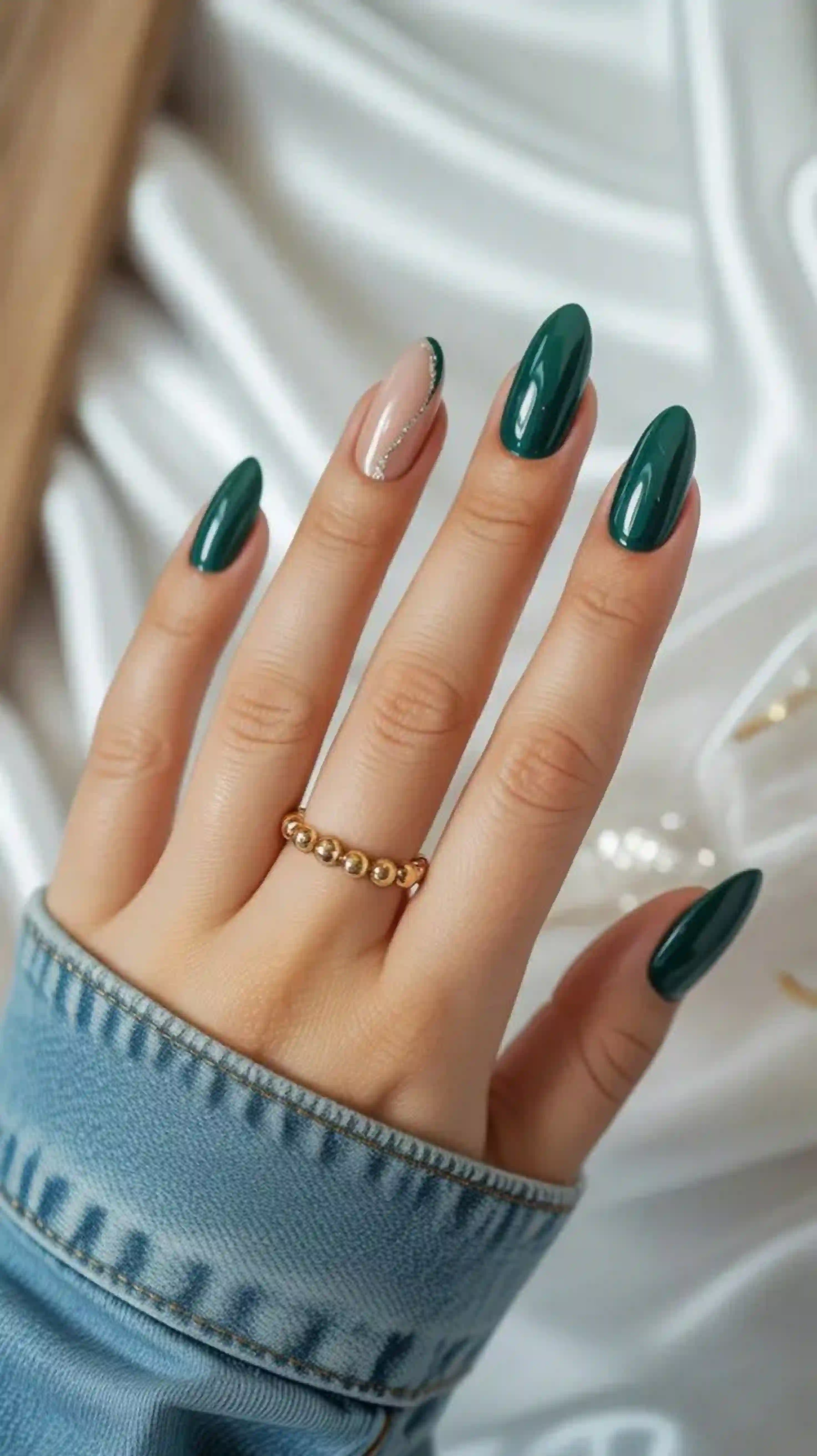Emerald green almond nails jewel tone creating luxe holiday festive glamorous manicure for celebrations