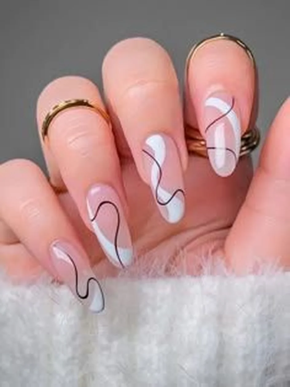 Line art almond nails minimalist black white with abstract modern design creating artistic trendy manicure