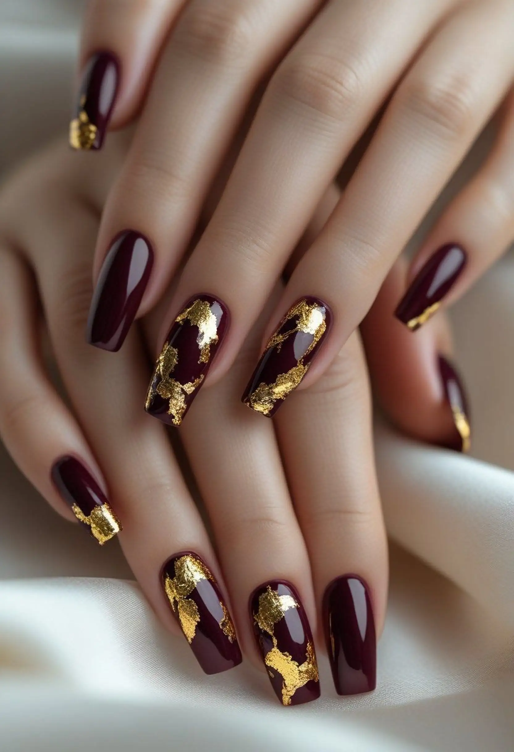 Burgundy nails with gold foil accent creating luxury winter party manicure with metallic details perfect for New Year celebrations