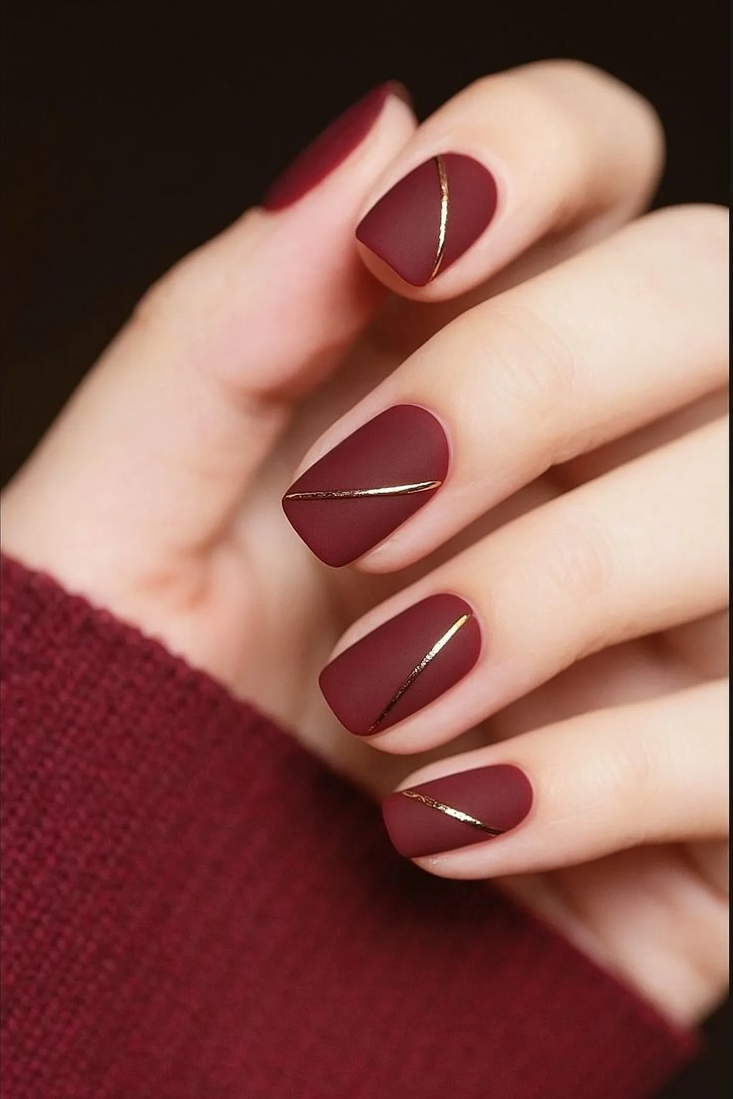 Burgundy matte short nails with soft finish creating everyday elegant winter manicure style perfect for office and casual wear