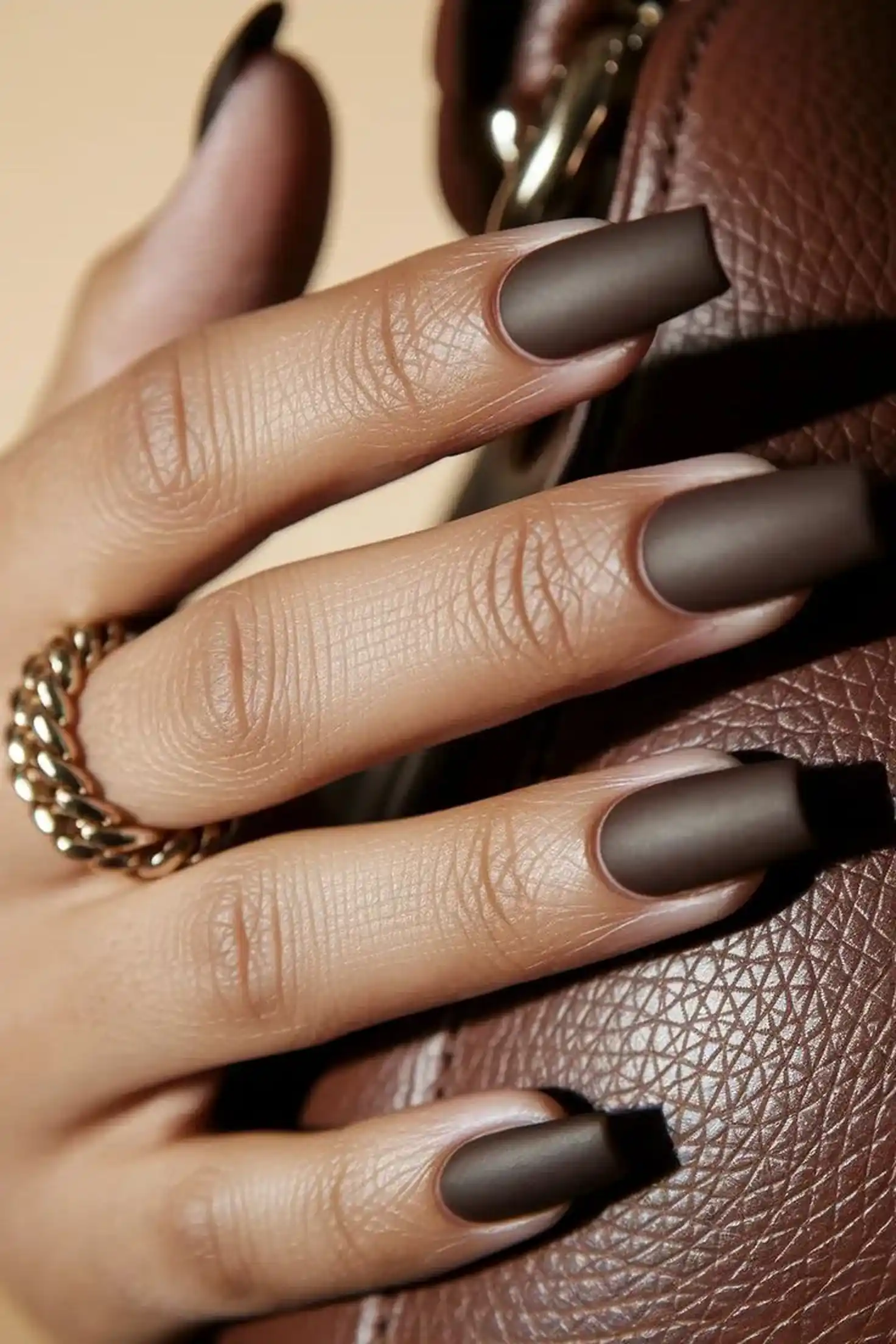 Dark brown matte short nails with chocolate color creating everyday chic winter manicure design perfect for professional casual wear