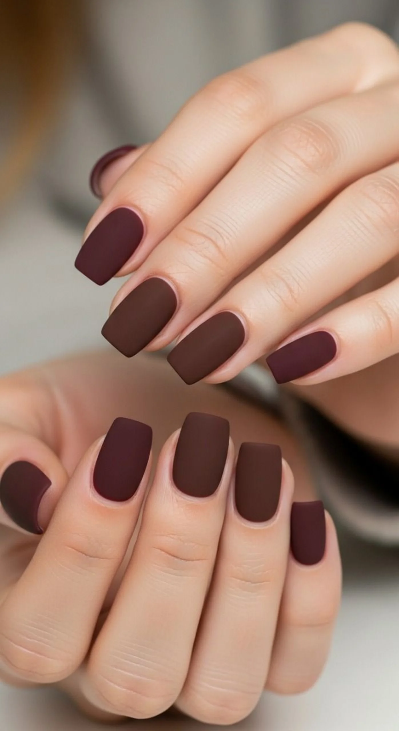 Dark chocolate matte coffin nails with soft finish creating sophisticated winter manicure perfect for elegant neutral everyday style