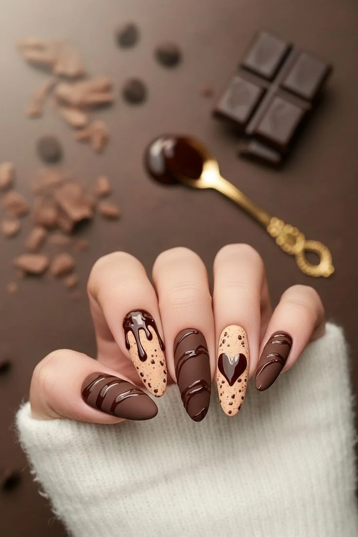 Espresso brown nails with 3D art design creating luxury winter wedding manicure with chocolate color perfect for elegant bridal style