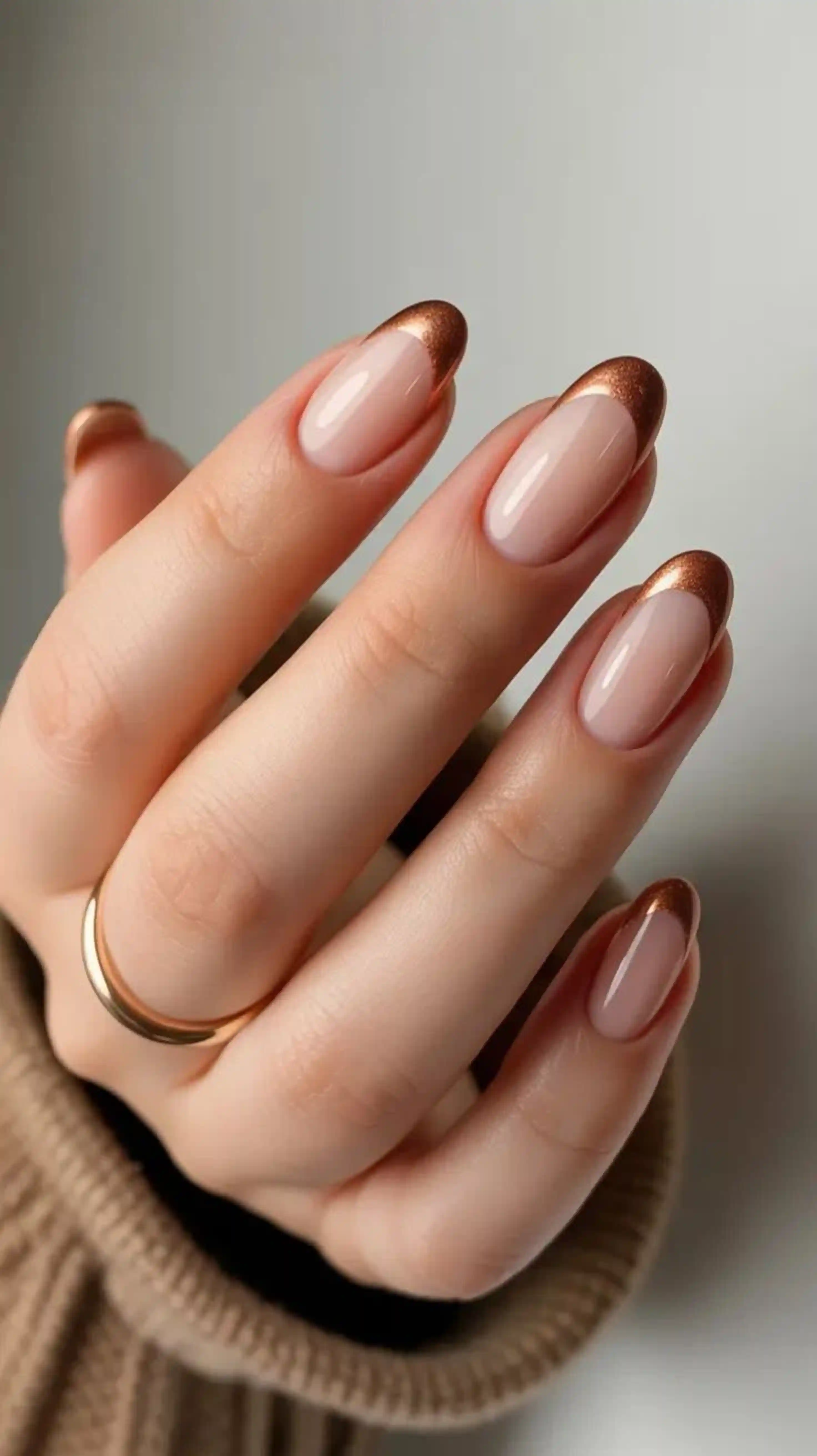 Copper metallic french tips autumn warm shimmer creating luxe trendy glamorous manicure for fall
