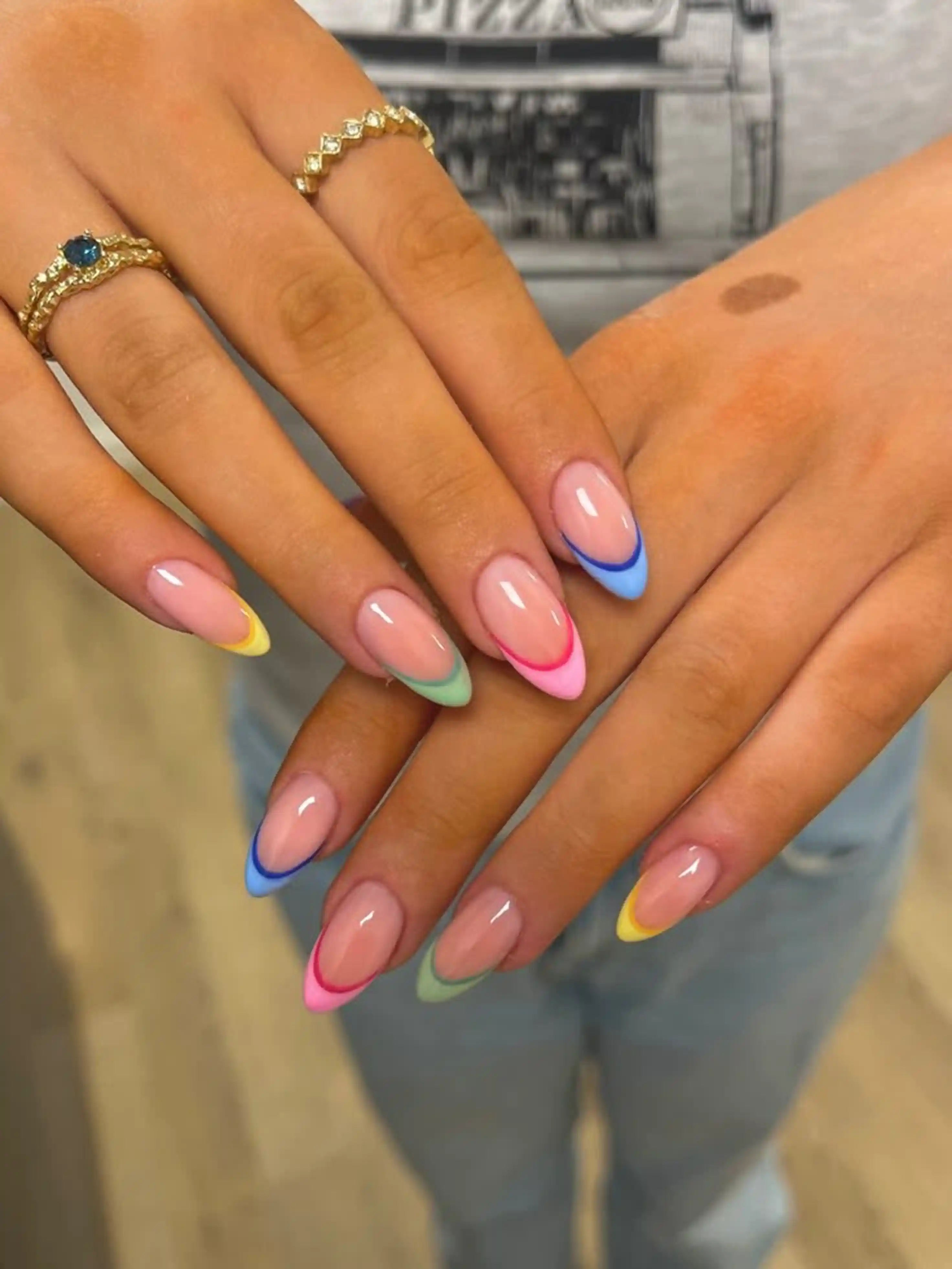 Multicolor french tips rainbow colorful creating playful fun trendy whimsical manicure for cheerful