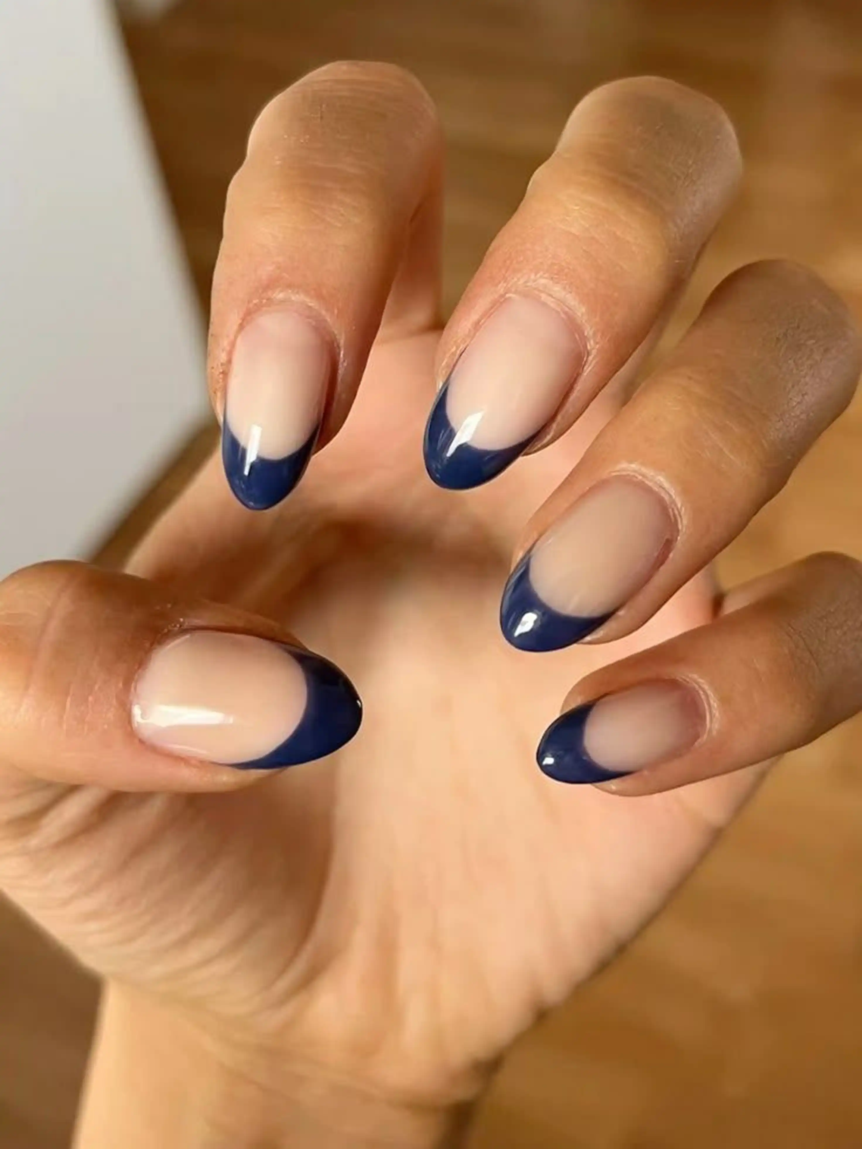 Navy french tips dark sophisticated creating professional elegant conservative manicure for work