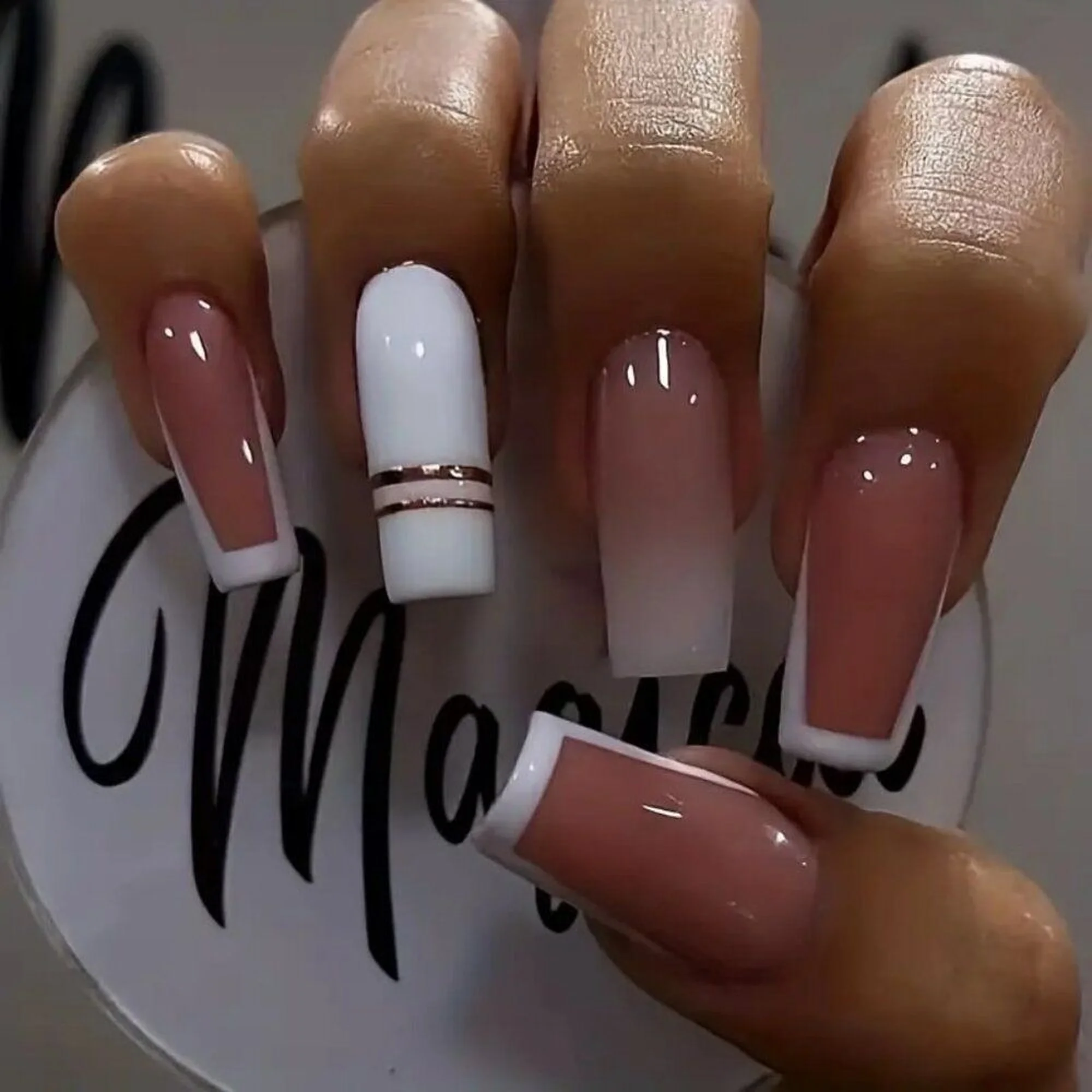 Ivory clean glossy coffin nails creating simple elegant statement minimalist winter manicure perfect for sophisticated understated luxury style