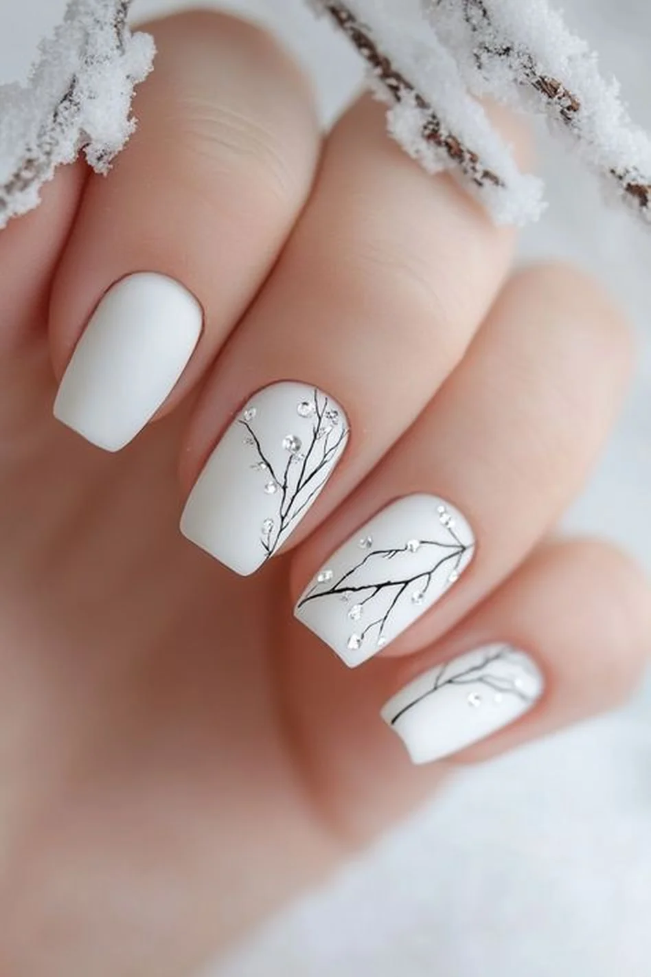 Negative space white accent nails creating modern clean minimalist winter nail art perfect for contemporary sophisticated style 2025