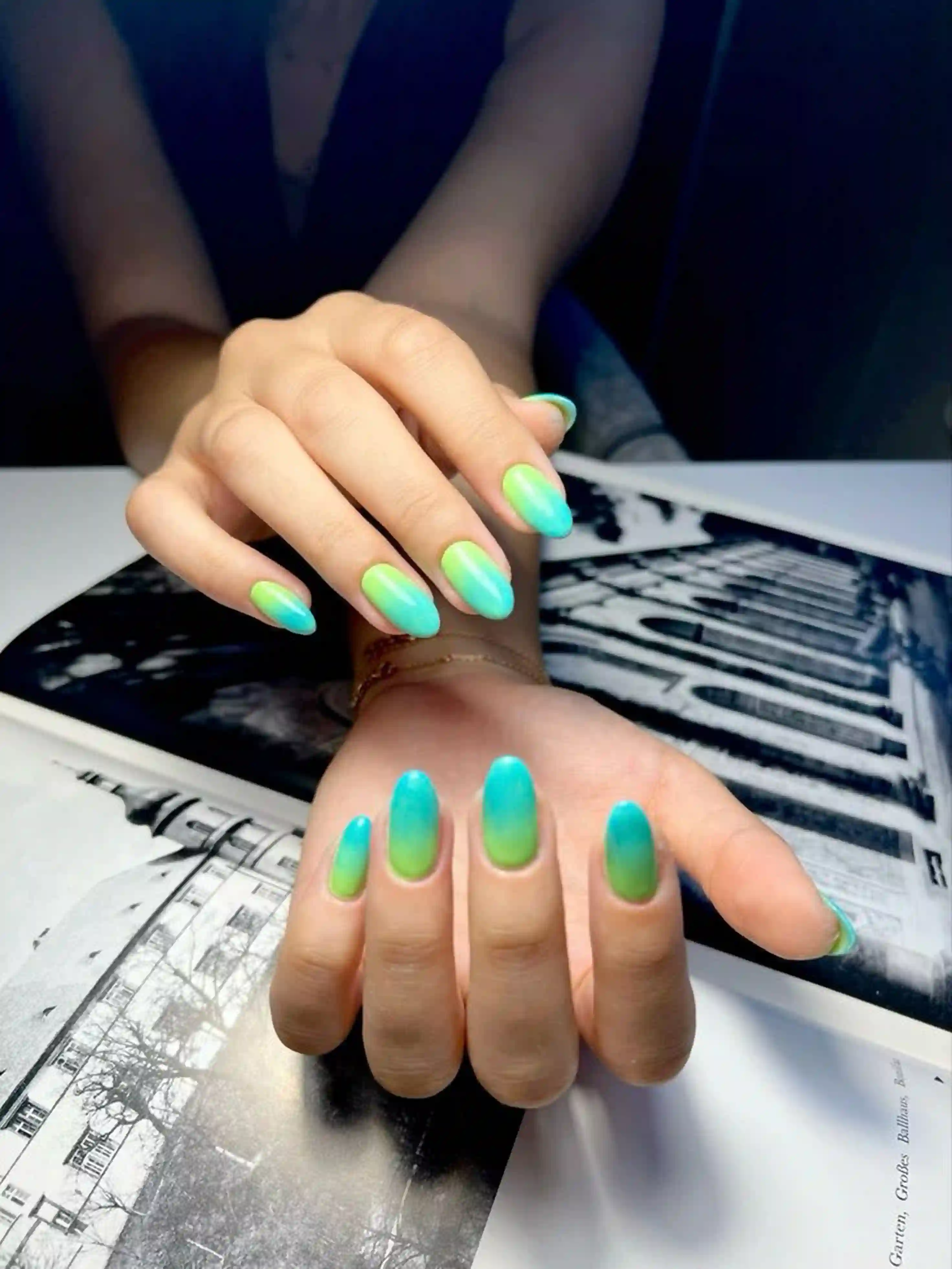 Teal turquoise ombre blue green gradient nails creating tropical summer vibrant manicure vacation